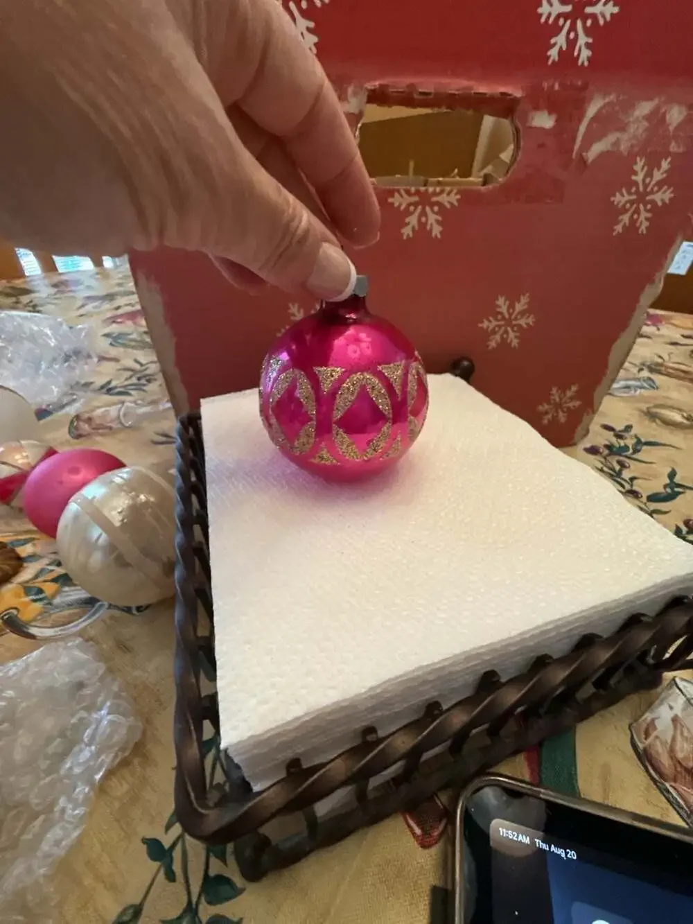 Vtg Shiny Brite Hot Pink Mercury Glass ornament Gold Glitter Stencil Design
